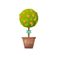 Wall Mural - Tall tree with oranges in pot vector illustration. Cartoon drawing of potted fruit tree isolated on white background. Nature, decoration, gardening concept