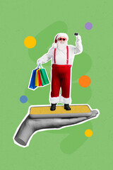 Sticker - Vertical collage picture of arm hold cellphone display mini santa shopping bags debit card x-mas proposition isolated on creative background