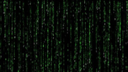 VJ Loop Vertical Matrix Code Background. Blocks of abstract program matrix code are written and moved in the virtual space. Code on a black background. Looped.