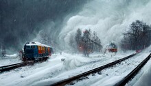 Trains In Winter Storm In The Forest Design Illustration