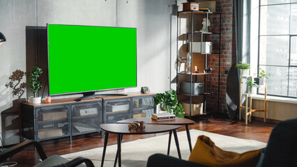 Poster - Chroma Key Green Screen Display on TV Set in Modern Living Room. Modern Appartment Interior With Smart Television Set, Sofa And Potted Plant. Horizontal Mock-Up. Domestic Cinema Concept.