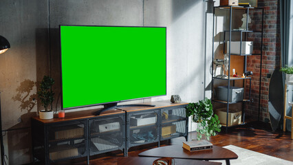 Poster - Chroma Key Green Screen Display on TV Set in Modern Living Room. Modern Appartment Interior With Smart Television Set, Sofa And Potted Plant. Horizontal Mock-Up. Home Cinema Equipment.