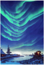 Aurora Borealis Over A Northern Cottage On A Frozen Pond. Northern Lights. Vector Illustration. [Digital Art, Sci-Fi Fantasy Horror Background, Game, Graphic Novel, Graphic Tee, Or Postcard Image]
