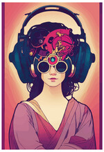 Steampunk Art Nouveau Headphone Woman. Vintage Poster Image. Vector Illustration. [Vector Illustration, Digital Art, Sci-Fi Fantasy Horror Background, Graphic Novel, Postcard, T-Shirt, Or Product]