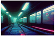 Neon Lit Cyberpunk Subway Train in an Eerie Tunnel. Vector Illustration. [Digital Art, Sci-Fi Fantasy Horror Background, Game, Graphic Novel, Graphic Tee, or Postcard Image]