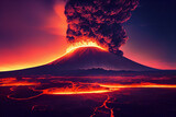 Volcanic eruption at night, ash clouds and bright lava stream