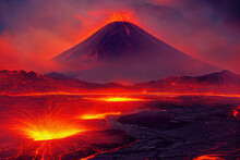 Volcanic Eruption At Night, Ash Clouds And Bright Lava Stream