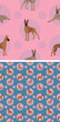Seamless Great Dane dog pattern, holiday texture. Square format. Pink, blue packaging, textile, fabric, decoration, wrapping paper.Trendy hand-drawn dogs wallpaper. Holiday background with circles.