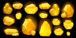 Gold nugget vector icon set, cartoon treasure amber rock isolated on black, golden game UI stone kit. Precious ore mining yellow metal object collection, polygon boulder heap. Gold nugget clipart