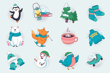 Wall Mural - Winter season cute stickers set in flat cartoon design. Penguin in hat, lantern, fir trees in snow, polar bear with scarf, fox on skis and other. Vector illustration for planner or organizer template