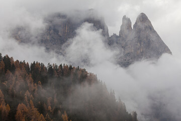 schlern sciliar ridge with santner euringer tower peaks on alpe di siusi or seiser alm high plateau,