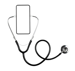 Wall Mural - Smartphone with blank screen with stethoscope isolated on transparent background, top view