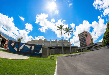 Exterior facade view of the Biblioteca Central Building  and Aula Magna auditorium in Universidad Central de Venezuela  UCV designed by Carlos Raul Villanueva. Caracas,   Abstract building view.