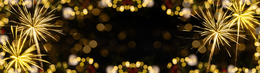 Aufkleber - Fireworks pyrotechnics celebration party event festival holiday or New Year backgrounds panorama - Golden firework on dark night sky....