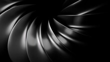 Abstract Art With Surreal 3d Machinery Industrial Turbine Jet Engine. Design. Monochrome Wheel Or Circular Saw In Spherical Spiral Twisted Shape With Sharp Fractal Blades.