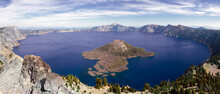 Wizard Island, The Larger Of The Two Islands On Oregonâ€™s Crater Lake, The Deepest Lake In The USA At 1,943 Feet.