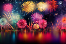 Digital Illustration Of Colorful Fireworks, Night Sky, Reflections