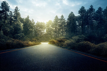 Wall Mural - Vertical shot of forest with road at sun rise 3d illustrated