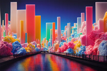 Digital Illustration Of Colorful Candy City, Tall Skyscrapers Made Of Sweets, River Reflections