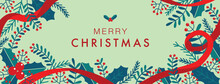 Merry Christmas Holiday Tree Ribbon New Year Red Green Banner Header Cover Photo Vector Illustration Art Design

