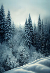 Wall Mural - Horizontal shot of snowy dark forest 3d illustrated