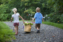 Preschool Siblings Carry A Basket Of Wildflowers Between Them, As They Walk Down A Garden Path.