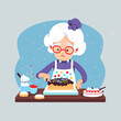 Vector illustration of a grandmother baking a delicious cake