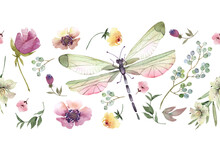 Seamless Border With Floral Botanical Decor And Dragonfly, Watercolor Illustration.