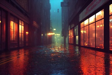 Wall Mural - Wet and rainy neon streets at night