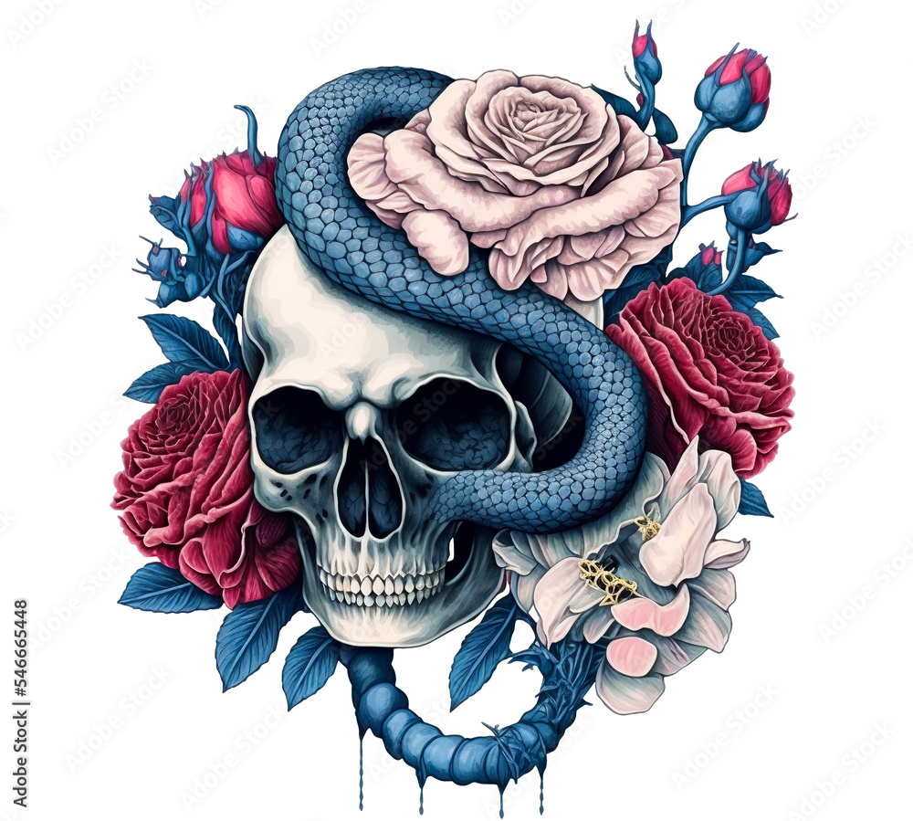 Skull, roses and snake isolated on a transparent background. Elegant ...
