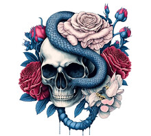 Skull, Roses And Snake Isolated On A Transparent Background. Elegant Tattoo Design. Digital Illustration For Prints, Posters, Stickers. Tattoo Style Or T-shirt Design	