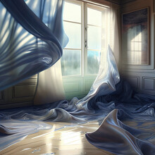 World Of Dreams, Room With Fluttering Curtains And Fabric On The Floor, Generated Sketch Art	