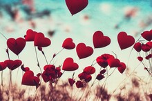  A Field Of Red Hearts Floating In The Air Above A Field Of Tall Grass And Flowers With A Blue Sky In The Background.