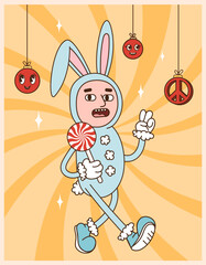 Wall Mural - Groovy hippie Christmas. Human in bunny costume. Merry Christmas and happy new year greeting card, poster, print, party invitation, background. Retro cartoon character.