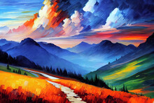 Sunset In Mountains In Alps Color Art