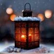 Shallow focus shot of a glowing Christmas lantern covered in frost and snow