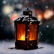 Selective focus shot of a glowing Christmas lantern covered in frost and snow