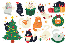 Cats And Christmas Flat Icons Set. Christmas Interior Elements. Winter House Decorations With Funny Pets. Cozy Holiday Furniture. Evergreen Tree, Presents And Warm Socks. Color Isolated Illustrations