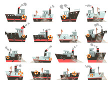 Fishing Boats Set. Trawler, Steamer With Fishing Nets Cartoon Vector Illustration