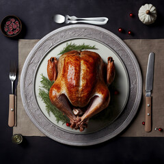 Wall Mural - Juicy and tasty roast turkey on plate with Christmas decoration.