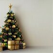 Beautiful Christmas tree decorated with golden ornaments, a shiny star on the top, and presents