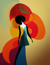 Woman's Silhouette Painting In A Fashion Styled Illustration, With Rich Red Tropical Colours, Featuring The Figure Of A Black Afro Woman,  In Abstract Style