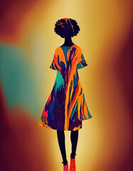 Woman's silhouette painting in a fashion styled illustration, with rich red tropical colours, featuring the figure of a black afro woman,  in abstract style