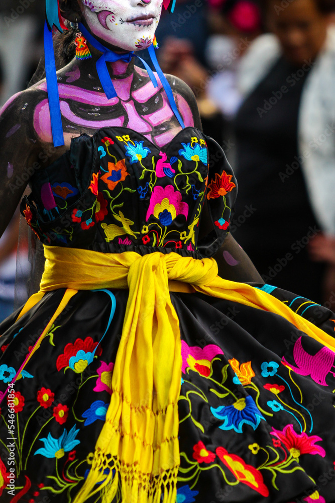 Photo Stock A mexican teenager dressed as catrina with a beautiful black  dress with colorful flowers, body paint with skeleton, and skull on her  face, most popular character during the day of