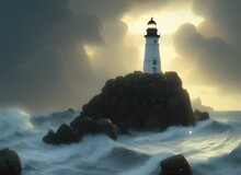 Storm At Sea, Waves Hitting The Shore Of The Lighthouse.
