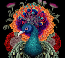 Large Royal Peacock With An Open Tail With Exotic Flowers, Vintage Style. Digital Illustration For T Shirt, Prints, Posters, Postcards, Stickers, Tattoo