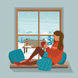 Cozy winter illustration with cute girl sitting on a windowsill with a cup, small-knit blanket. Window overlooking the village. Comfortable lifestyle. Flat style hand drawn vector. Girl next to window
