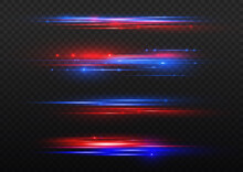 Beautiful Glow Light Flare And Spark. Red Blue Special Effect, Speed Police Line. Magic Of Moving Fast Lines. Laser Beams, Horizontal Light Rays. Particle Motion Effect. Vector Illustration.