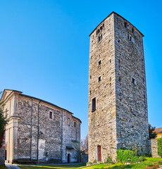 Canvas Print - The tall belfry of San Quirico Church, Locarno, Switzerland