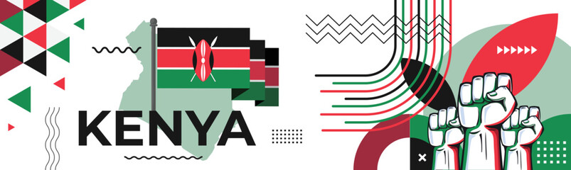 Wall Mural - Kenya national day banner with Kenyan flag and map colors theme background and geometric abstract retro modern red green black design. Raised fists of Nairobi supporters. Happy Jamhuri Day.